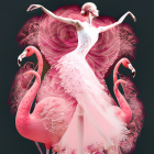 Surreal dancer in pink flamingo costume with stylized flamingos on dark background