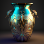 Metallic Blue-Green Ornate Vase with Gold Floral Patterns and Mechanical Bees