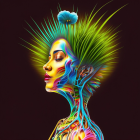 Colorful digital artwork of a woman with plant-like patterns and a luminous floral headpiece