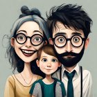 Exaggerated style caricature of a smiling family