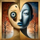 Surreal digital art: Two faces merging with autumn trees