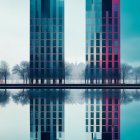 Modern buildings with colorful facades mirrored on tranquil water at twilight