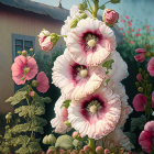 Colorful digital artwork: Pink flowers, bird, green foliage