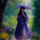 Woman in violet dress with umbrella on flower-lined forest path