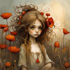 Young girl with wavy hair in vibrant poppy field portrait.