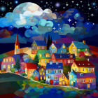 Colorful nighttime village illustration under starry sky with detailed moon