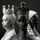 Stylized women with chess piece crowns on monochrome background