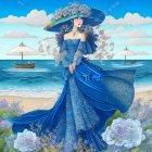 Stylized illustration of woman in blue gown with floral patterns against sea, mountains, sky.