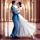 Intimate couple dancing in grand hall with ornate architecture