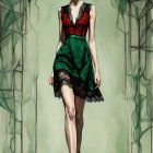 Stylized illustration of woman in green and red dress with lace details