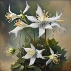 Detailed Painting of White and Light Pink Lilies on Muted Background