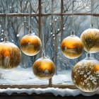 Ornate Christmas baubles in snow-covered window with wintry tree pattern