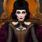 Illustration: Woman with pale skin, vintage bob hair, dramatic makeup, lavish outfit in gold and