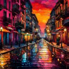 Colorful Fantasy Street Scene with Starry Sky and Floating Orbs