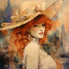 Portrait of woman with curly red hair in floral hat against cityscape