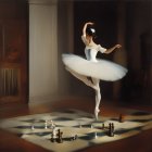 Ballerina on tiptoe in dance pose on checkerboard floor with chess pieces in elegant room