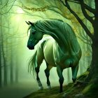 Majestic white horse in enchanted forest with autumn leaves