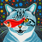 Striped cat with red fish in mouth on dotted background