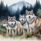 Four wolves in natural forest setting with misty mountains