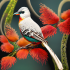 Colorful bird with intricate plumage on branch with flowers & leaves