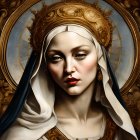 Digital artwork: Realistic female figure fused with religious iconography