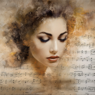 Digital artwork: Woman's face merges with musical notes on sepia-toned sheet, surrounded by sm