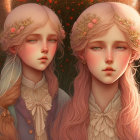 Illustrated girls with pastel hair and pink roses: whimsical and expressive.