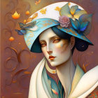 Illustrated woman in decorative hat with floral motif and European architecture in warm background