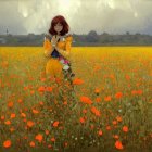 Woman in Yellow Jacket Surrounded by Red Poppies in Field