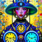 Colorful digital artwork of woman with futuristic hat and collar, swirling patterns, and clock faces.