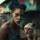 Digital artwork of woman with tattoos & mechanical headset, cat with mechanical features in dystopian backdrop