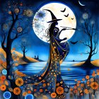 Whimsical witch silhouette under full moon with pumpkins, bats, and autumn trees