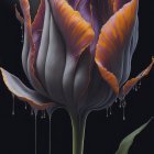 Hyper-realistic painting of blooming flower in rich blues and oranges on starry night sky