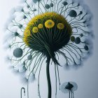 Surreal dandelion illustration with green center and transforming white seeds