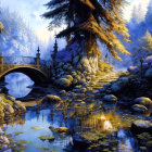 Fantasy landscape with castle, bridge, lush trees, water reflection, colorful flora