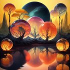 Vibrant fantasy art: glowing tree structures, flying creature, figure under large moon