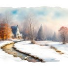 Snowy Landscape with Quaint Cottage and Stream