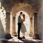 Romantic couple embracing in sunlit arched corridor with falling autumn leaves