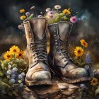 Painted boots with serene landscape amidst wildflowers