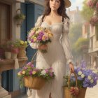 Woman in vintage dress and hat with flower baskets on quaint street.