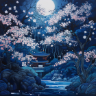 Vibrant illustration: Magical night scene with cherry blossoms, full moon, starry sky,