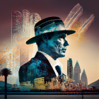 Dapper gentleman in suit and hat over futuristic cityscape