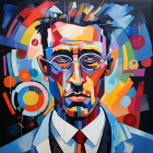 Vibrant geometric portrait of a man in suit with mustache