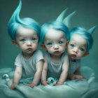 Whimsical blue-haired children among soft blue clouds and tiny birds