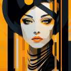 Stylized female figure with modernist hat and geometric patterns