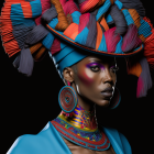 Colorful Makeup and Elaborate Headpiece with Matching Accessories on Model