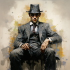 Stylized painting of a man in suit and hat with tattoos and gun on dynamic backdrop.