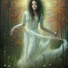 Mystical woman in white dress on flower-lined path in enchanted forest