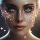 Woman with gold glitter, blue eyes, and floating hearts in digital art