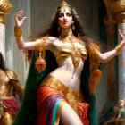 Regal woman in golden attire with attendants in background